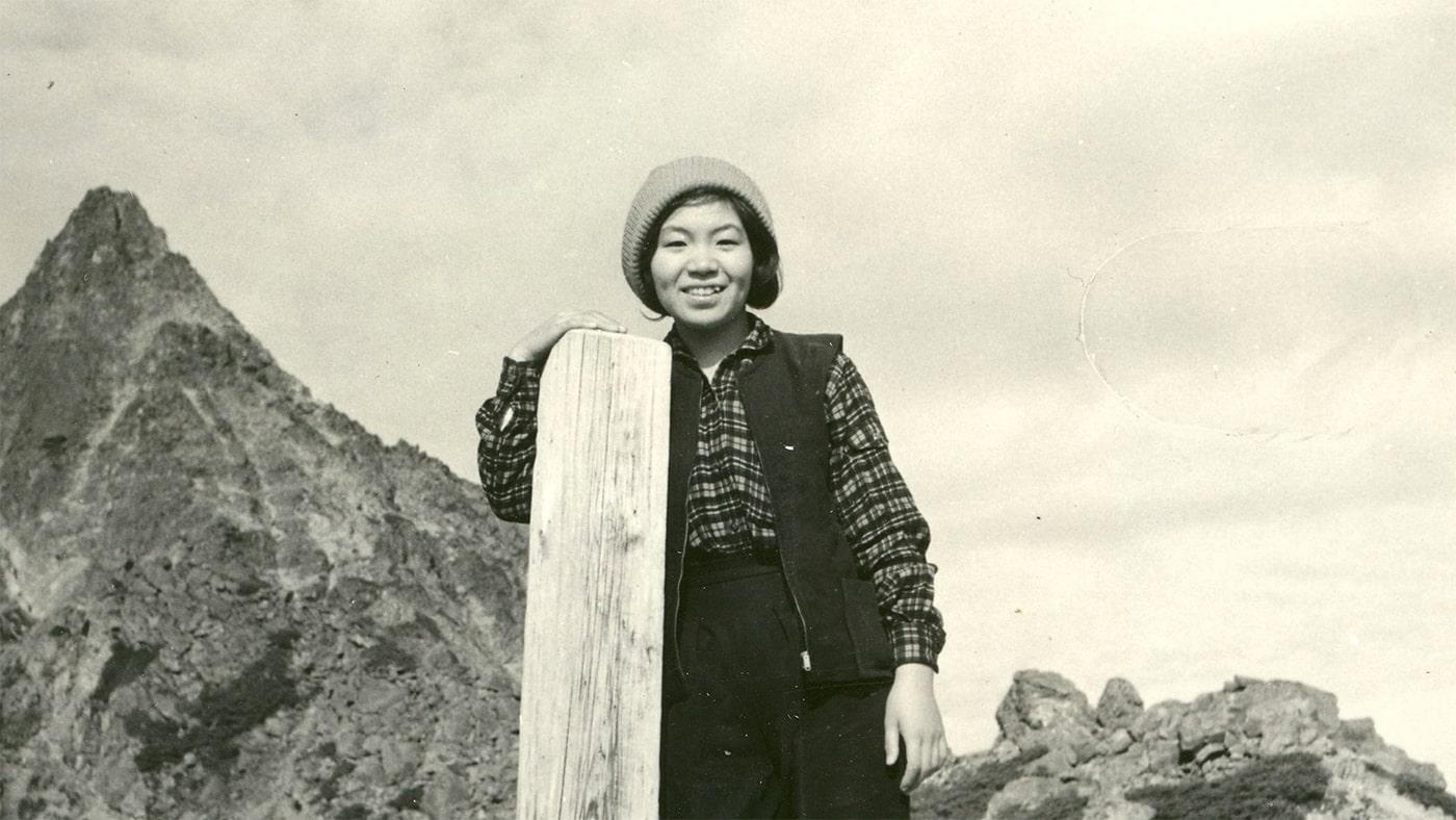 Junko Tabei stands in front of Mount Yari in Japan's Northern Alps, around 1961